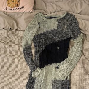 Cider Long Sleeve distressed Knit Dress in Black, green and Gray